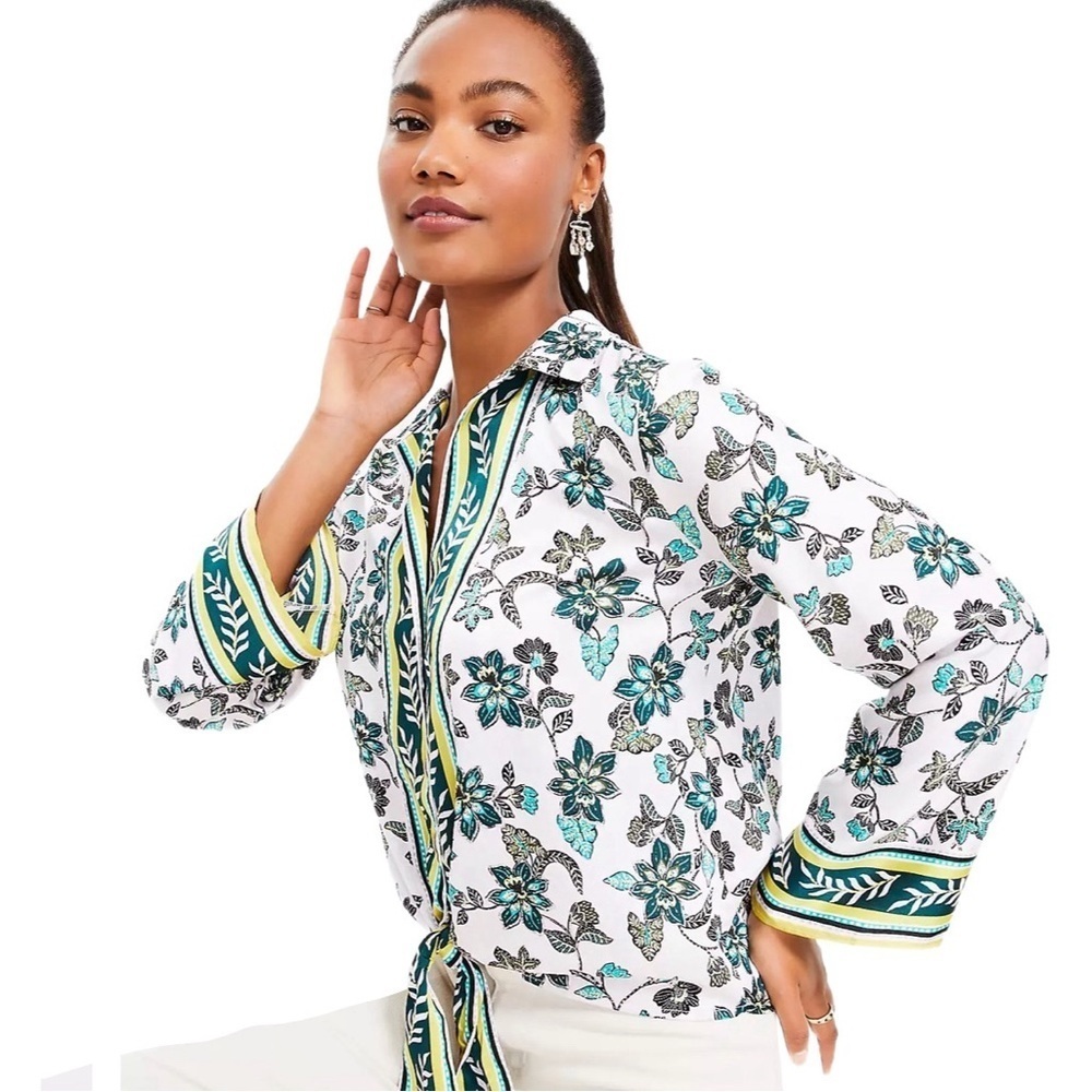 LOFT βHibiscusβ Tie front Long Sleeveblouse in light purple, turquoise, gold XS - Picture 2 of 10